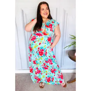 What A Vision Aqua Floral Fit & Flare Maxi Dress