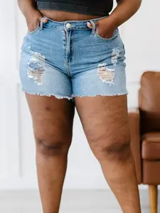 Plus Size Women's Light Blue Fashion Stretchy Comfortable Ripped Denim Mid-Rise Shorts, Casual Summer for Outdoor Wear