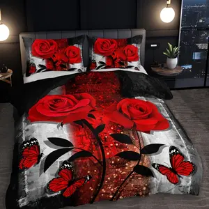3PCS rose butterfly flower quilt cover set (1 quilt cover + 2 pillowcases do not contain quilt core pillow core), high definition printing in home dormitory
