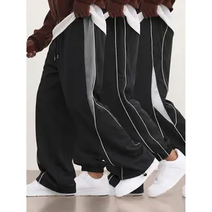 3-pack men’s trendy sports straight-leg pants for spring/autumn, side gray contrast color paneling, urban street fashion versatile casual trousers, lightweight polyester fabric, suitable for everyday workouts.