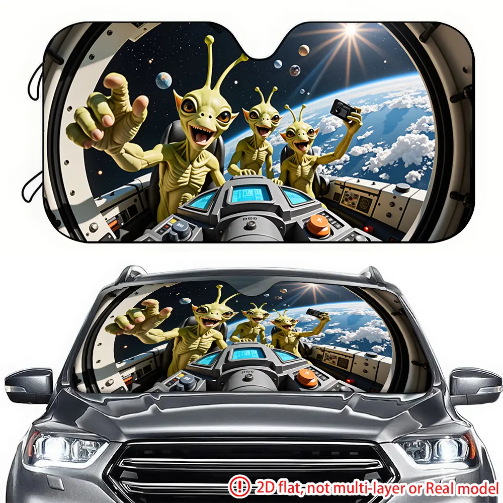 2D high-definition printing of alien car sunshade in 1pc spacecraft, effectively blocking sunlight with car sunshade, suitable for SUV Vehicle Sunshade, General Motors, RV front windshield decoration Car Sun Shades