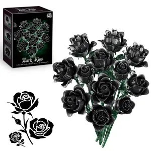 Black Roses Bouquet Building Set, 12 diy Artificial Flowers Botanical Collection Gothic Home Decor, Unique Halloween Valentine's Decorative Gifts for Adults Women Girls (585 PCS) Lifelike Fake Plant
