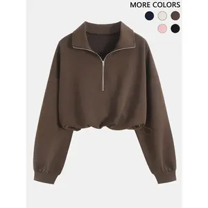 Women’s Half-Zip Stand Collar Drawstring Short Sweatshirt, Comfortable and Stylish Pullover for Spring & Fall