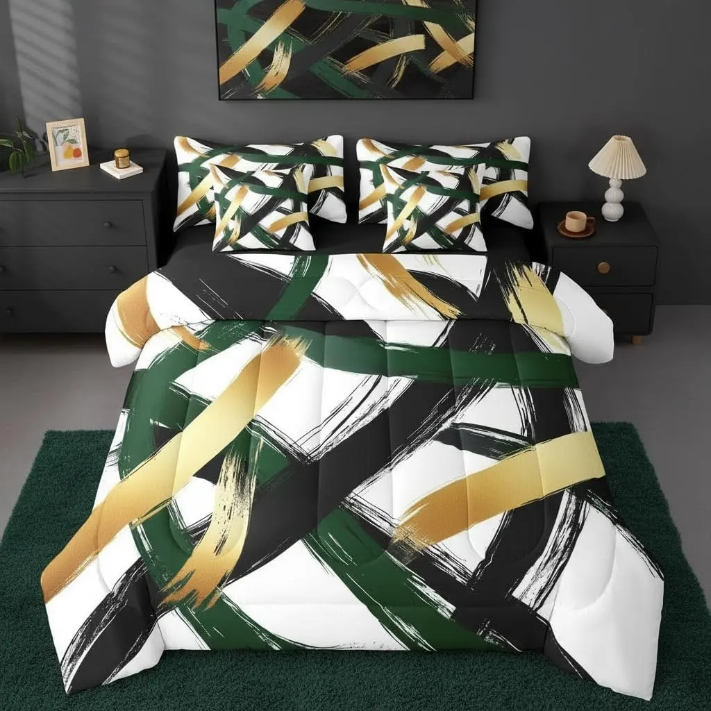 Black Green Gold Abstract 7 Piece Comforter Set Modern Minimalist Line Geometric Bedding Set Minimalist Simple Sketch Art Bed in A Bag Cool Unique Contemporary Sheet Set
