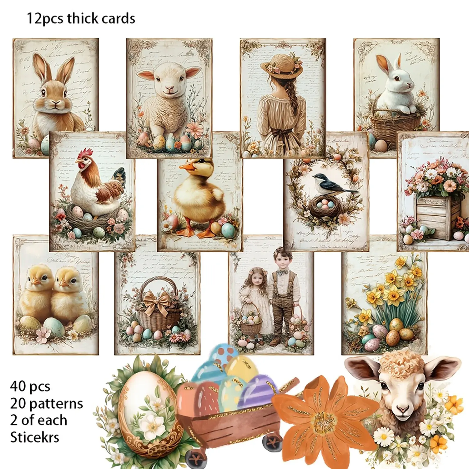 52pcs(12 cards+40 Stickers) Farm Spring Easter Theme, with Lamb, Bunny, Rabbie, Duck, Colorful Egg Patterns, Suitble for Holidy Flag Decor , DIY Craft, Album Decor, Greeting Cards, DIY Crafts, For Friends, Art Stickers
