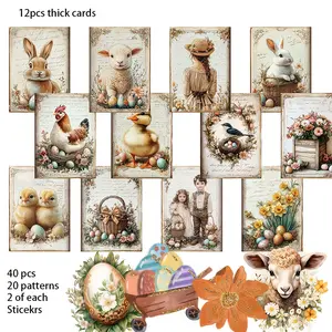 52pcs(12 cards+40 Stickers) Farm Spring Easter Theme, with Lamb, Bunny, Rabbie, Duck, Colorful Egg Patterns, Suitble for Holidy Flag Decor , DIY Craft, Album Decor, Greeting Cards, DIY Crafts, For Friends, Art Stickers