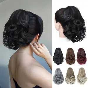 Ponytail Extension 8 Inch Claw Clip in Ponytail Short Curly Ponytail Extension for Women Messy Bun Fluffy Wavy Curly Synthetic Versatile Natural Black Hairpieces