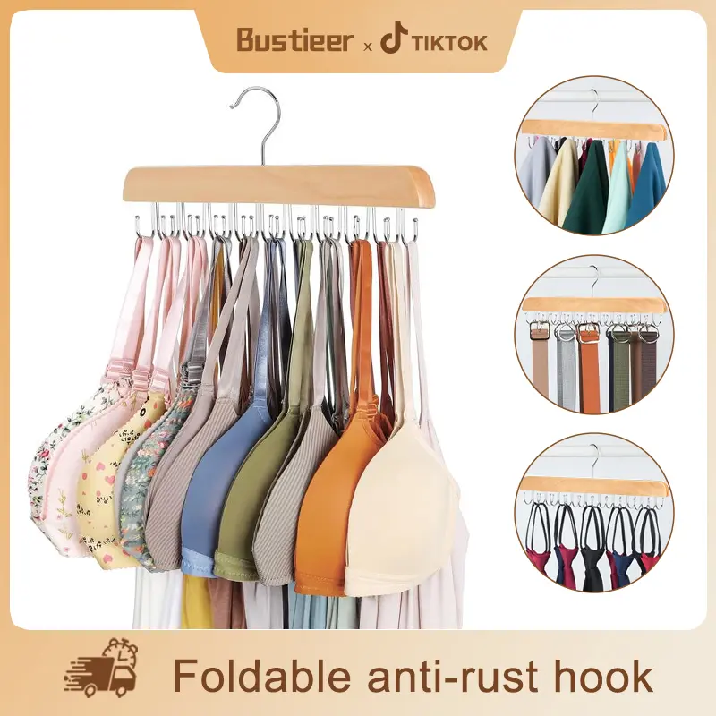 Bra Hanger for Closet, Tank Top Hanger 2 Pack w/20 Hooks Holds 40 Bras, Capacity Foldable Wood Space Saving Hanger, 360°Rotating Closet Organizers and Storage for Dorm & Apartment