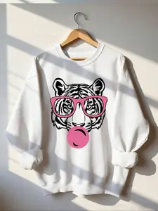 Women's Sporty Tiger Head Print Sweatshirt, Fall Casual Ribbed Long Sleeve Round Neck Pullover, Fashion Daily Top for Women