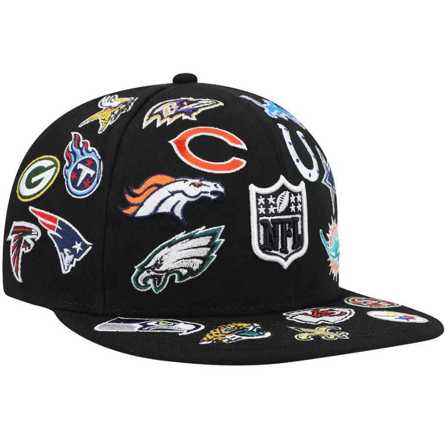 NFL Team Logos Snapback Cap – Premium Black Flat Brim Baseball Hat Featuring Embroidered NFL Team Patches and Bold Streetwear Style  Hat for men and women.