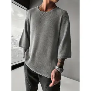 New European And American Men'S Sweater, Round Neck Drop Shoulder Short Sleeve Pullover Sweater, Casual Versatile Street Solid Color Lazy Style Knit Sweater