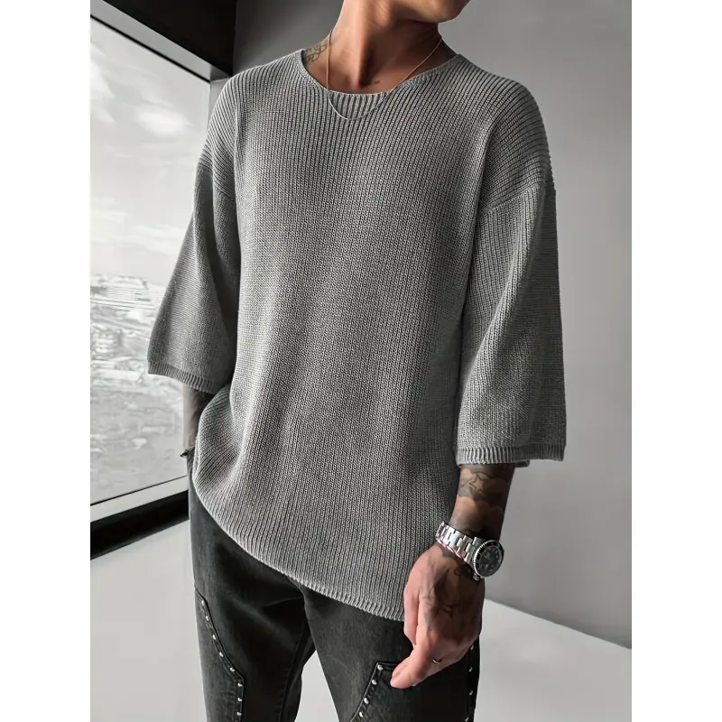 New European And American Men'S Sweater, Round Neck Drop Shoulder Short Sleeve Pullover Sweater, Casual Versatile Street Solid Color Lazy Style Knit Sweater