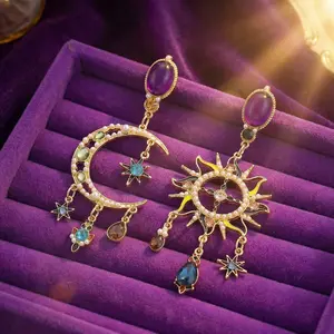 Vintage Sun Moon Star Asymmetrical Dangle Earrings, Gold Tone Multicolor Rhinestone Enamel Drop Earrings for Women, Gothic Boho Celestial Statement Earrings, Retro Baroque Mismatched Jewelry for Party Prom Wedding, Dual-Layer necklace camera lagos jewelry