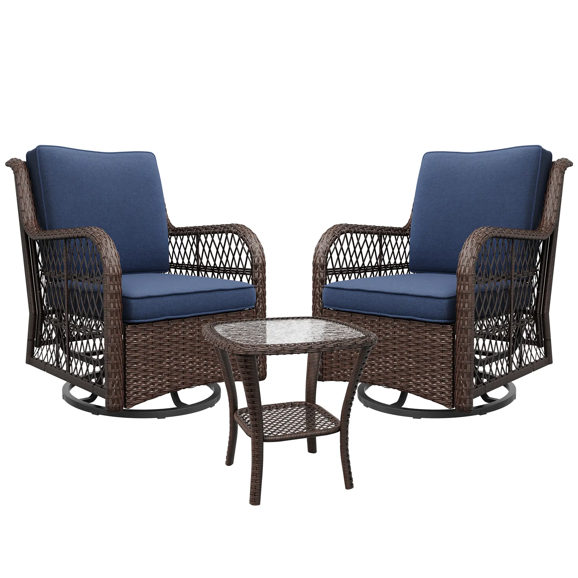 360° Swivel Wicker Patio Glider Rocking Chair Set – 3-Piece Outdoor Bistro Furniture with 4" Thick Cushions, Coffee Table, All-Weather Comfort for Porch, Deck, Balcony, Swivel Seat, Two Chairs