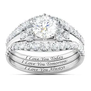 Romantic 3-Piece CZ Ring Set for Her, Engraved "I Love You" Couples Promise Rings, Dazzling Bridal Set, Anniversary Proposal Gift for Girlfriend or Wife