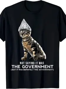 Men's Funny Conspiracy Cat Tin Foil Hat T-Shirt with Headpiece - Retro Spy Graphic Novelty Tee, Size S-5XL, Casual Fit for All-Season Wear, Spy & Government Theme for & Themed Parties (Costume or Everyday Use), PLUS SIZE