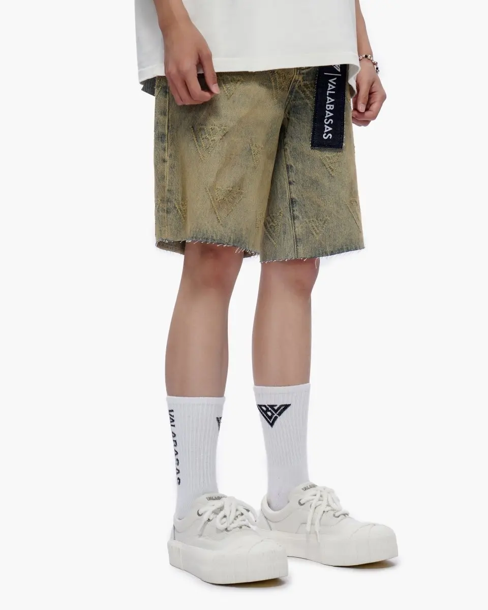 Men's Baggy Retro Denim Shorts with Engraved Vintage Wash and Raw Hem, Oversized Streetwear for Tee Pairings and Warmer Outfits, Graphic Men's Shorts, Denim Fabric, True Size, Aged Look