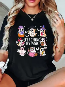 100% Cotton T shirts Teaching My Boos Ghost Reading Books Lover Teacher Halloween T-Shirt Breathable & Comfort Fit Tee Women,Short Sleeve Crew Neck Top for All Seasons,Graphic Tees Women Tops