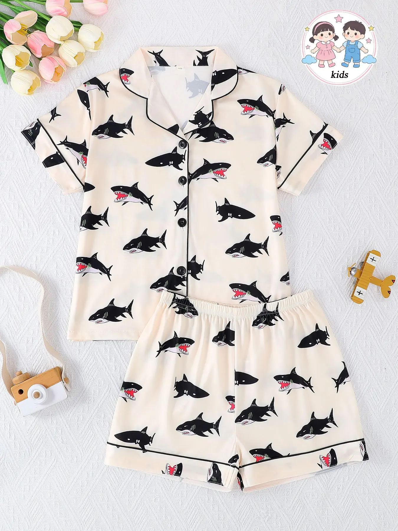 Fire-Retardant Sleepwear Set, Short Sleeve Button-Front Cardigan & Shorts, Casual Shark Print, Unisex, All Seasons, Pajama Set