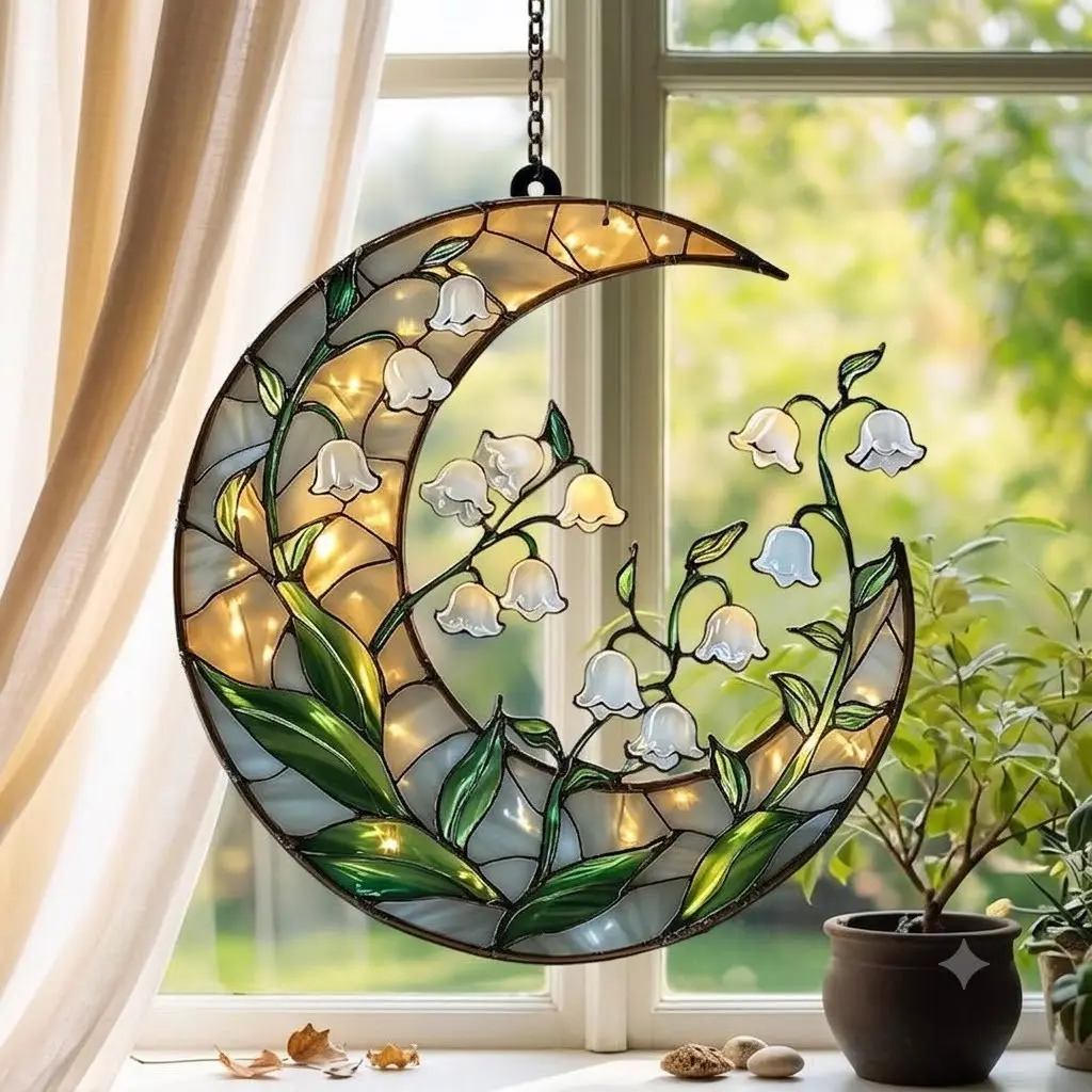 Cottagecore Stained Glass Crescent Moon Suncatcher Glowing LED Lily of the Valley Wall Hanging Whimsical Window Art Celestial Bedroom Decor Aesthetic Gift