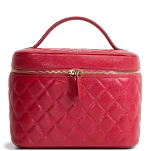 Pre-owned CHANEL Caviar Leather Toiletry Bags Caviar Quilted CC Vanity Case Raspberry Red