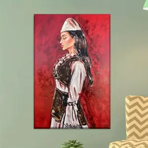 1 Piece Wooden Frame Canvas Oil Painting - Modern Albanian Female Abstract Art, Vibrant Red and White Traditional Clothing, Living Room, Office, Cafe Cultural Wall Decoration, Perfect Birthday Valentine's Day Easter Gift, Holiday Gift Art| Traditional Cos