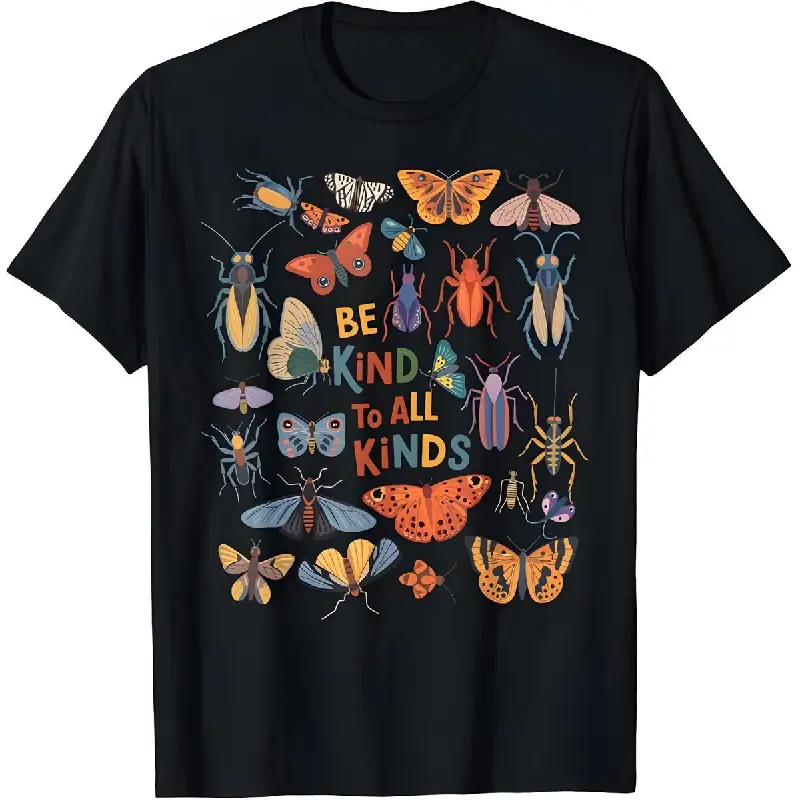 Women's Casual Cotton Fitted Shortsleeve Top - Critter-Themed, Butterfly & Wings Design, "Be Kind To All Kinds Bugs" Print, for Entomology Collectors, Butterflies, Tshirt, Animals, Digital Print, As Photos, Casual Wear, Fitted Cut, Clothes, Lady, Short Sl