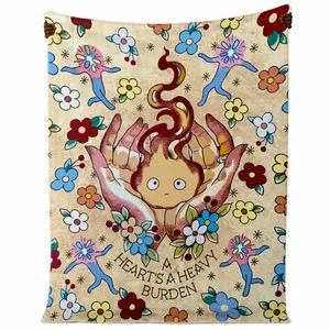 Calcifer Inspired Floral Throw Blanket - "A Heart’s A Heavy Burden" Anime Fire Spirit Cozy Sherpa, Studio Ghibli Style Gift, Cute Cottagecore Home Decor, Blankets for Bedroom, Throw Blankets