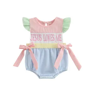 Newborn Baby Girls Easter Outfits Jesus Loves Me Embroidery Bubble Romper Bodysuit Infant Christian Baptism Clothes 0-18M