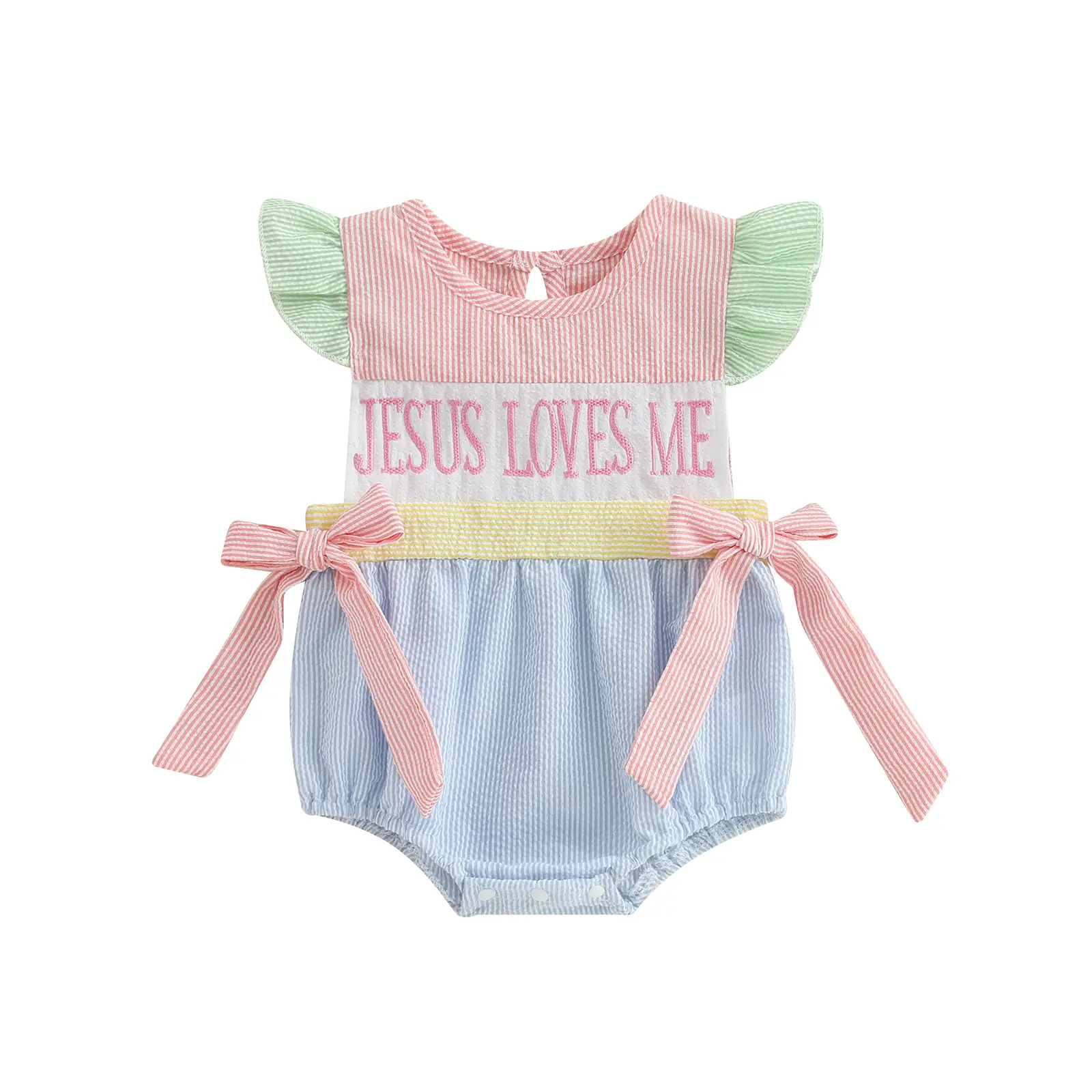 Baby Girl Easter Outfit Infant Jesus Loves Me Embroidery Smocked Bubble Romper Newborn Striped Print Bodysuit Toddler Summer Clothes