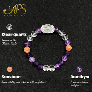 AFS Crystal Bracelet for Adventure Optimism & Intuition Sunstone Clear Quartz & Amethyst Jewelry for Freedom & Positive Energy Inspiring Gift for Her