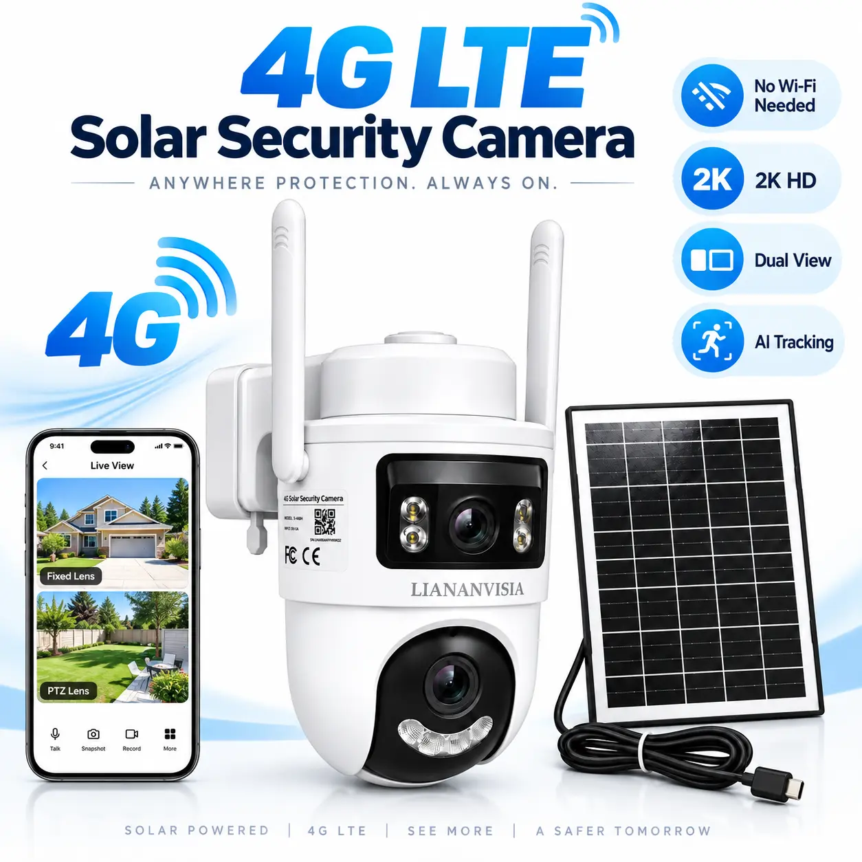4G LTE Solar Security Camera Outdoor, Dual-Lens Dual-View 2K, No WiFi Needed, AI Auto Tracking, 355° PTZ, Color Night Vision, Built-in SIM, 7-Day Trial + Paid Data Plan