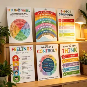 12 Calming Corner Posters (10"x14") | Feelings Wheel Chart & Emotions Poster for Kids | Calm Down Corner Supplies for Preschool Homeschool Classroom | Therapy Office Decor & Teacher Gift