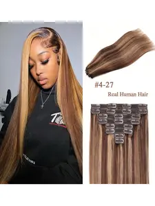 Human Hair Clip-In Extensions Straight Style 4/27 Color 8pcs/set 80-100g with 18 Clips Dual Fabric Clips Highlights