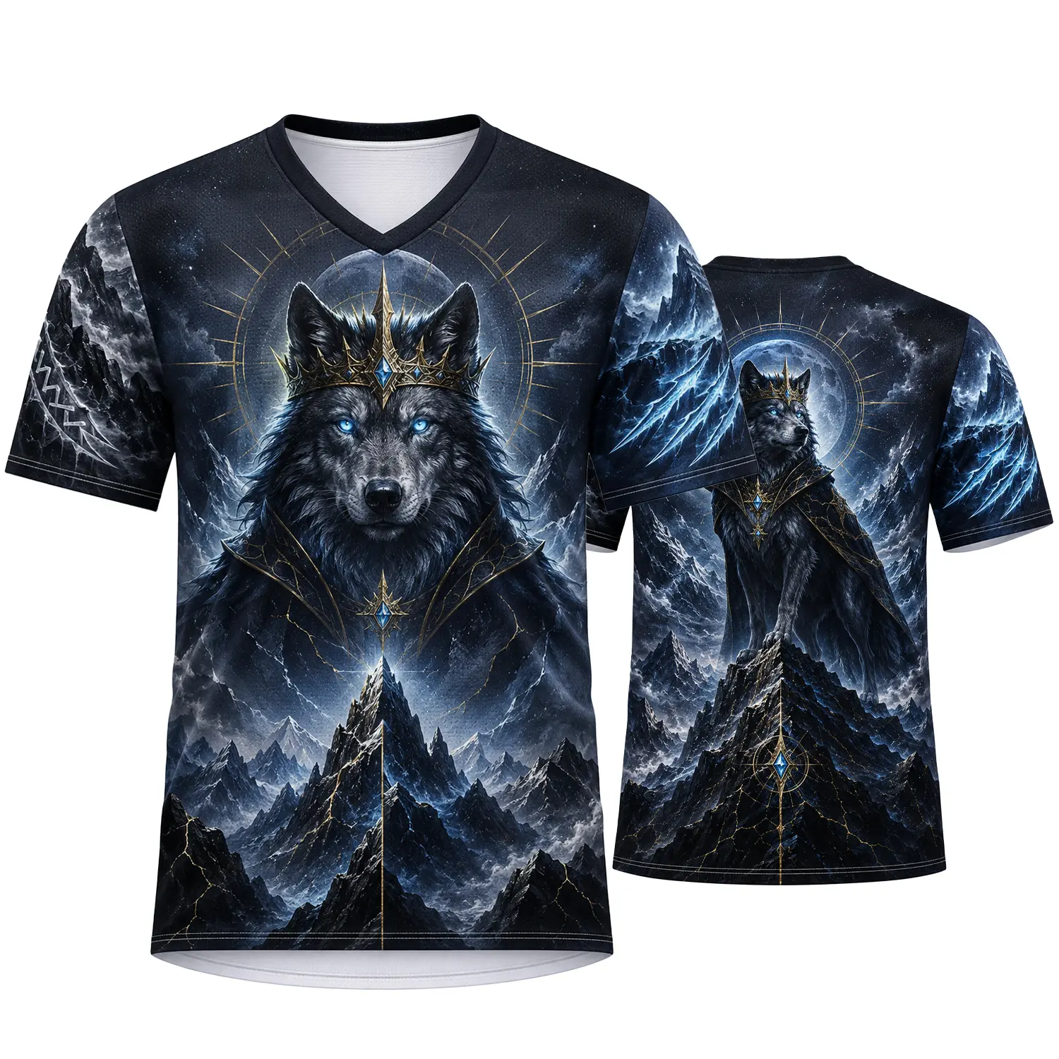 Crowned Wolf V-Neck Athletic Shirt for Men Women, Black Blue-Eyed Wolf King Graphic Sports Tee, Moonlit Mountain Fantasy Print Casual Top, Size S-5XL