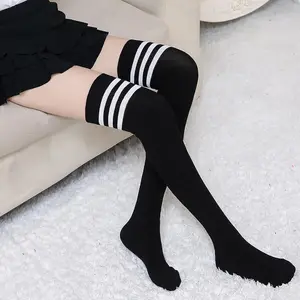 Women's Thigh High Socks Cotton Warm Over-the-Knee Socks High Leg Warmers Long Boot Socks with Stripes for Fall Winter Fashion Japanese Style Opaque 75cm Length