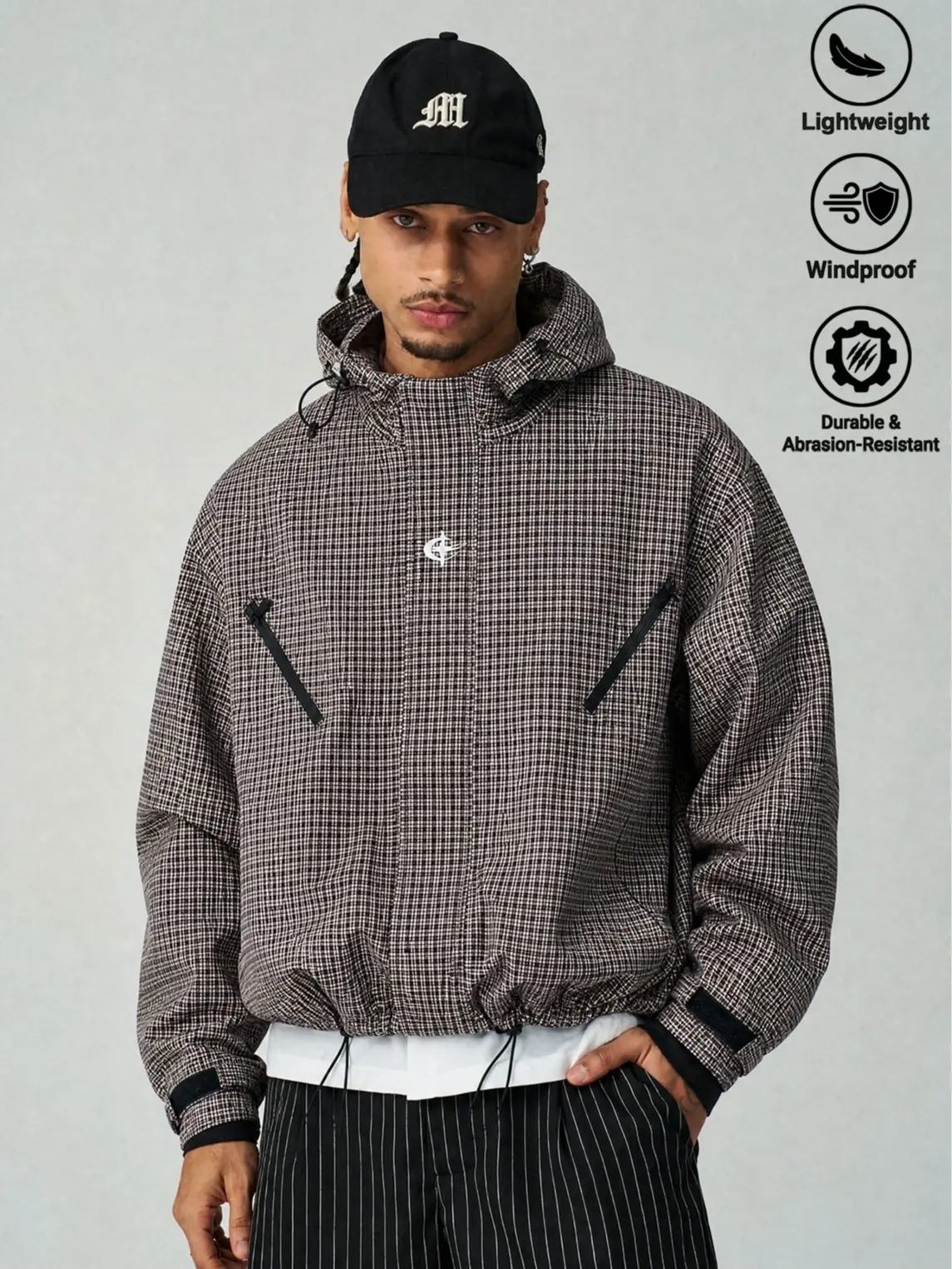 Men's Micro Grid Plaid Anorak Jacket, Lightweight Hooded Windproof Streetwear Top with a Loose Cropped Fit for Casual Spring Wear, Menswear, Stylish