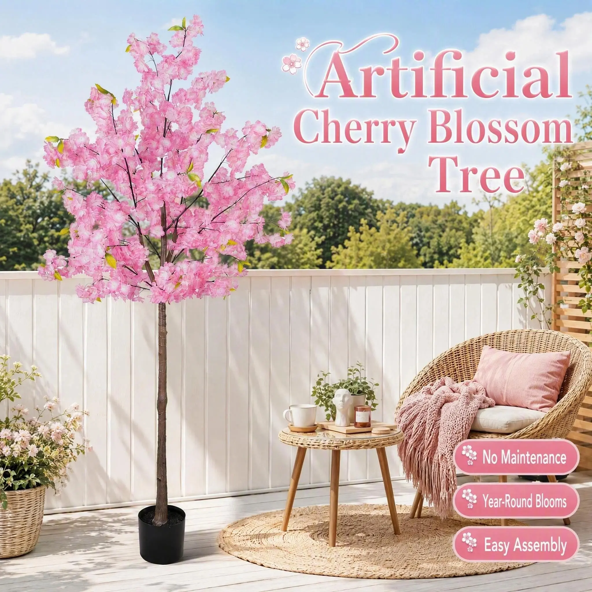 5Ft Lifelike Artificial Pink Cherry Blossom Tree, Bendable Detachable PVC Fake Sakura Tree with Stable Planter Pot, Odorless Realistic Flower Faux Floral Tree for Indoor Living Room Entryway, Outdoor Balcony Patio Wedding Party Home Decor