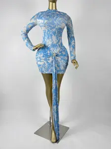 QFAF 2026 Women Blue White Printed Bodycon Mini Dress Long Sleeve High Neck Ruched Waist with Gold Starfish Detail Adjustable Front Drape Tie Slim Fit Stretchy Sexy Party Club Night Out Birthday Vacation Statement Dress