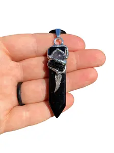 Protection Blade Amulet (Protection & Grounding) Pendant with Black Satin Cord, Black Obsidian, Black Tourmaline, Amethyst