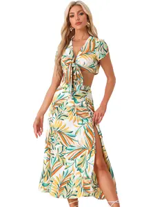 INSPIRE CHIC Boho Beach Holiday 2 Piece Outfit, Wrap Crop Top and Hawaiian Ruched Front Maxi Skirt Set White