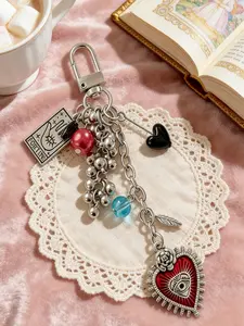 Gothic Style Heart Phone Charm, Handmade Beaded Keychain for Dark Aesthetic, Unique Personalized Jewelry Gift for Women