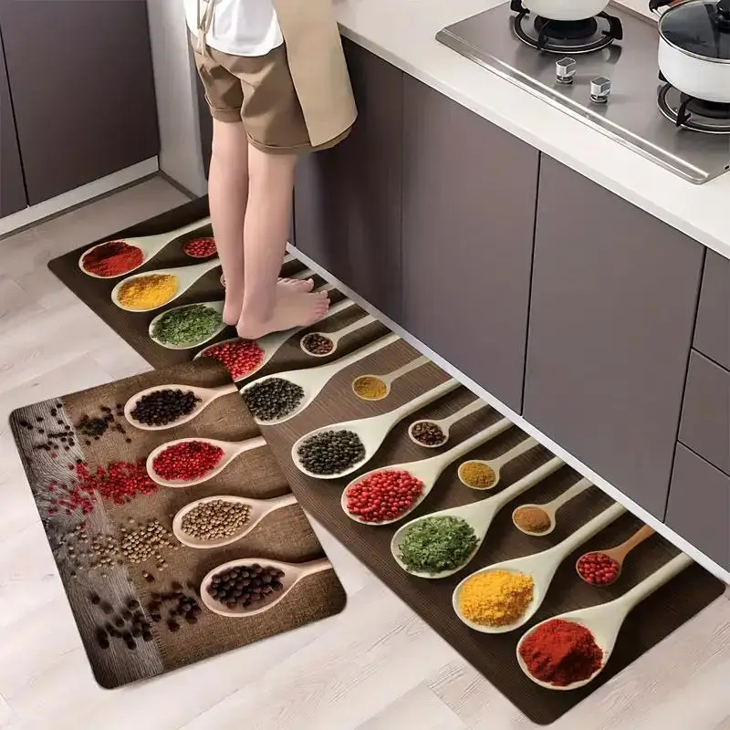Spice Pattern Washable Kitchen Mat, 2 Counts/set Non-slip Kitchen Rug, Floor Mat for Kitchen Living Room Bedroom Home Decor