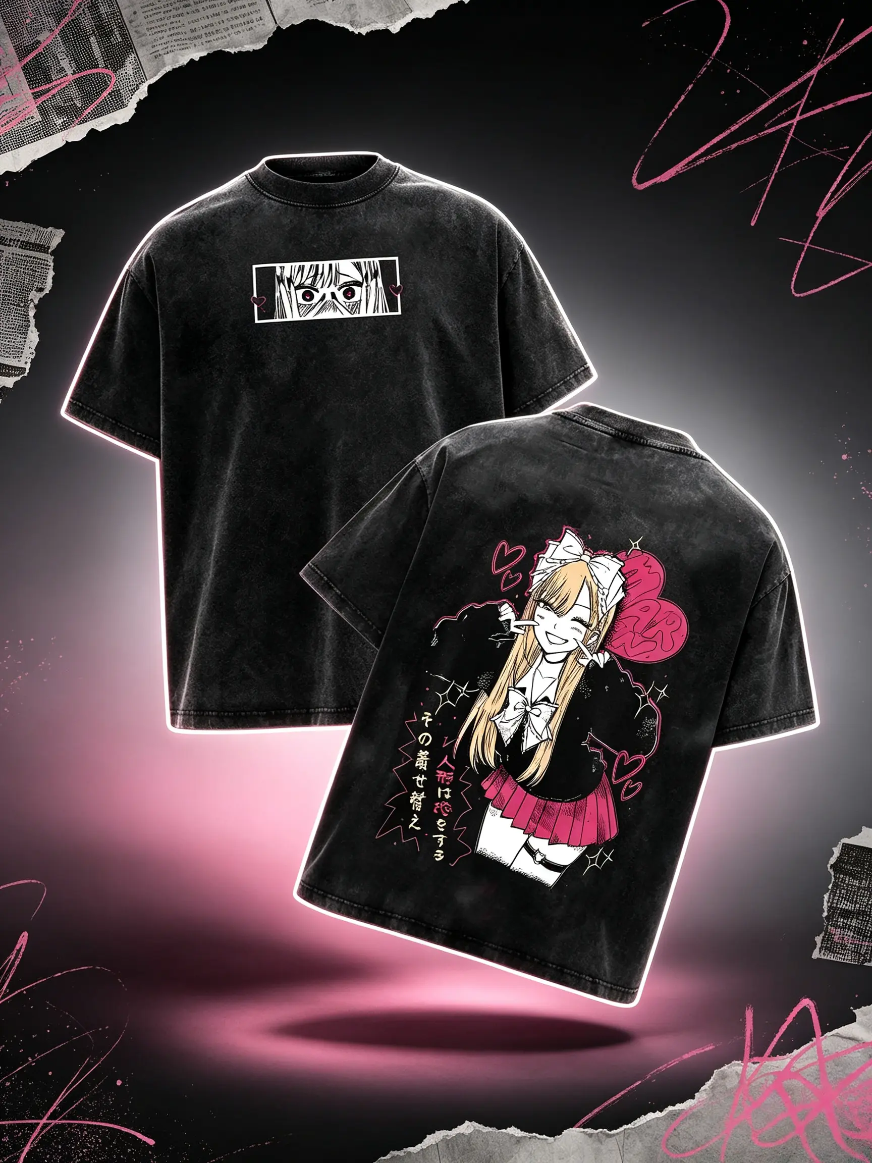 My Dress-Up Darling Marin Kitagawa Vintage Washed Oversized T-Shirt Double Sided Cute Anime Girl Aesthetic Unisex Casual Streetwear Manga Graphic Tee anime manga-style graphics Grunge Graphic Album T-Shirt Festive Distressed Tshirt good graphic tees