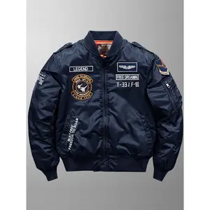 Thick Embroidered Pilot Jacket Men's Casual Bomber with Stand Collar Zip Closure for Outdoor Adventures Navy Blue members  jacket