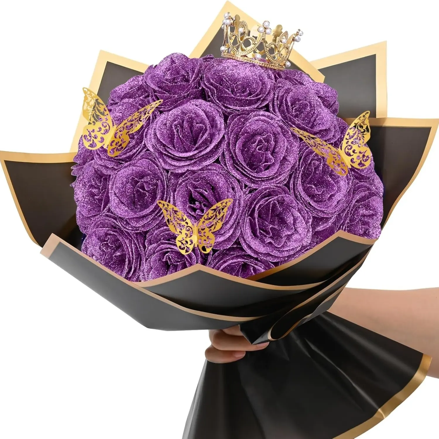 Glitter Roses Bouquet, Faux Roses, DIY Fake Flowers Bouquet, Artificial Flowers Set, 24 Pcs Blue Rose, Birthday Gifts for Women, Mom, Grandma, Wife, Girlfriend, DIY Floral Decoration