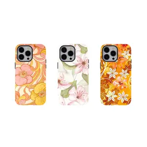 [No Magnetic] Vintage Warm Floral Phone Case,Orange & Pink Retro Aesthetic Cover,Coquette Y2K Aesthetic Tough phone Cover,Durable Dual-Layer design phone case,for iPhone 17 16 15 14 13 12 11 8 7 for Samsung Galaxy Series,Shockproof Protective hard Cover