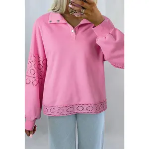 Floral Embroidered Patchwork Pullover with Snap Button Neckline