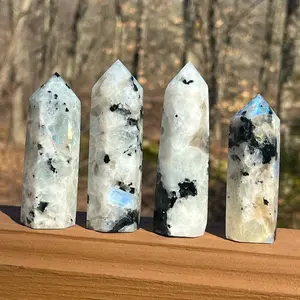 Natural Rainbow Moonstone Tower Point Obelisk, 3.2''+ Gemstones and Crystals Healing Reiki Chakra Wand Specimens for Home Decoration, Moonstone Crystals