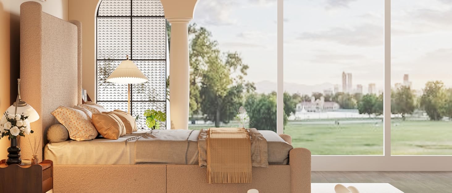 AMERLIFE Modern Bed Frame, Boucle Upholstered Bed Frame with Charging Station, Platform Bed with Soft rounded Corners, Easy Assembly, No Box Spring Required